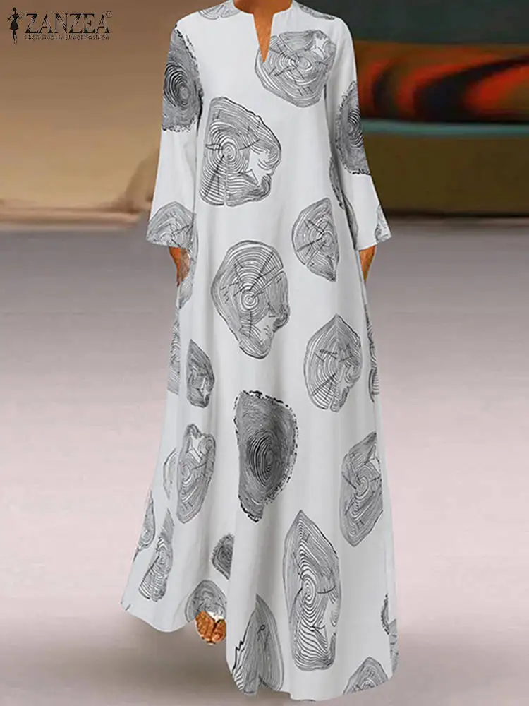 

Autumn Women Dress V Neck Long Sleeve Sundress Kaftan 2023 ZANZEA Fashion Printed Maxi Long Vestidos Robe Elegant Loose Dresses