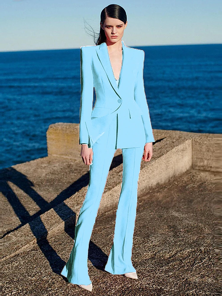 

HIGH STREET Newest 2023 Designer Runway Suit Set Women's Single Button Slim Fitting Blazer Flare Pants Suit