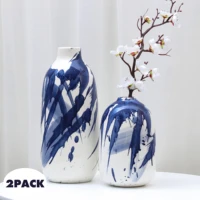 teresas collections 2pcs ceramic vase blue white oriental vases glazed decorative flower vase for living room home decor