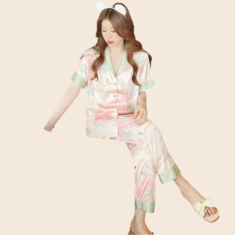 Pajamas For Women Rayon Pajama Pants Sexy Flower Print Nighty Short Sleeve T-Shirt Long Pants 2Piece/Set Homewear Cozy Big Size