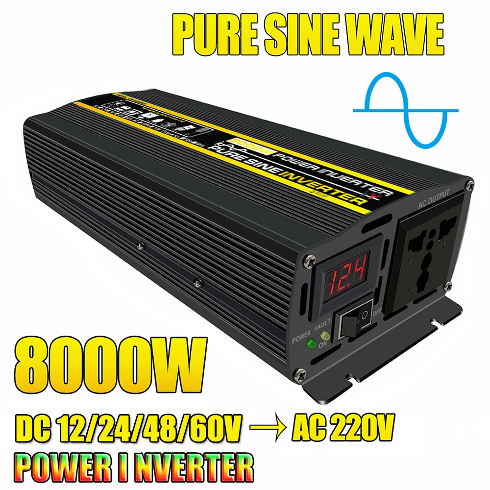 

8000W LCD Display Solar Power Inverter DC 12/24/48/60V TO 220V Pure Sine Wave Voltage Transformer Car Converter 6000/4000/3000W