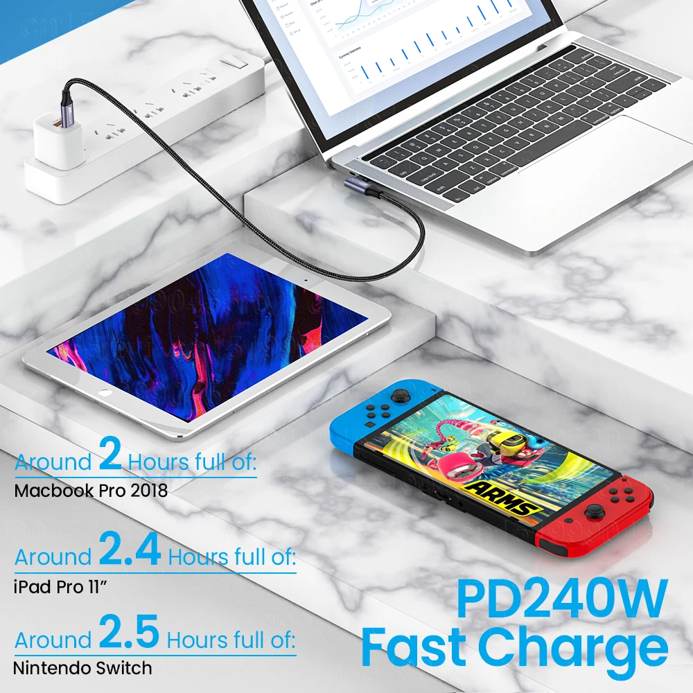 Кабель зарядный локтевой с разъемом USB Type-C и поддержкой быстрой зарядки 240 Вт