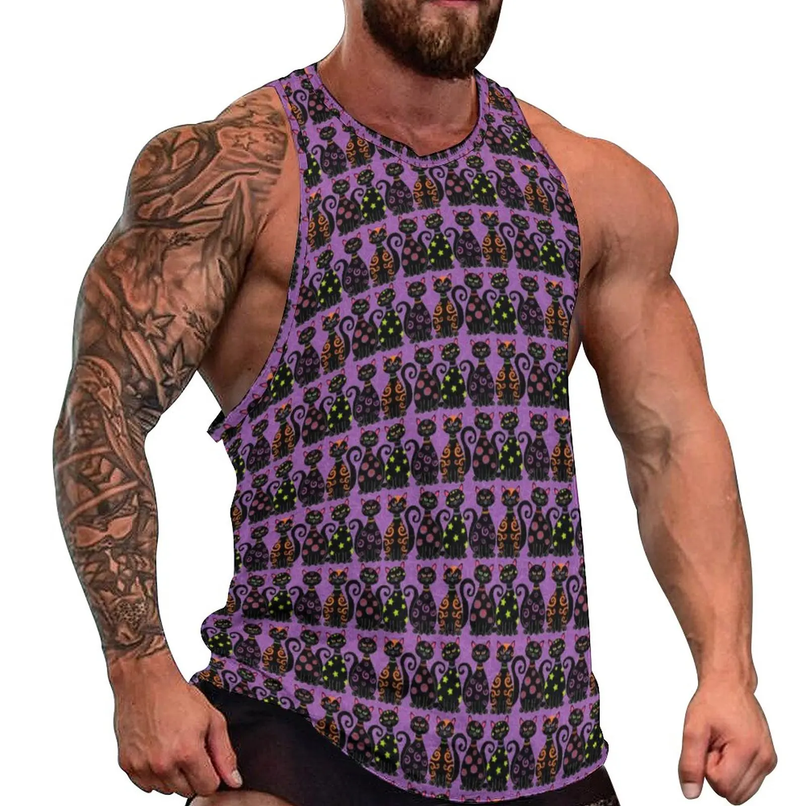 

Halloween Black Cat Tank Top Man's Cute Kitty Cool Tops Beach Bodybuilding Graphic Sleeveless Shirts Big Size