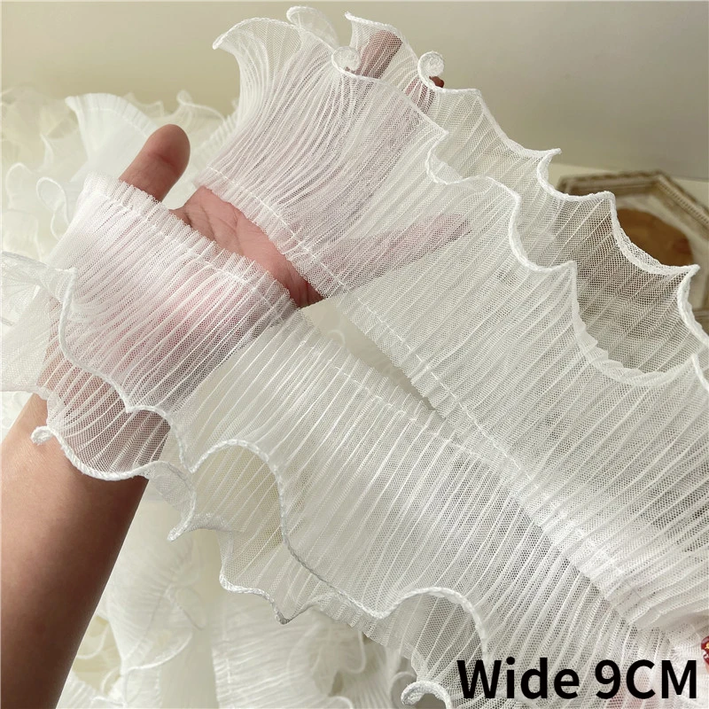 

9CM Wide Double Layers White Mesh Pleated Stretch Lace Fabric Fringe Ribbon Elastic Ruffle Trim Wedding Dress Sewing Supplies