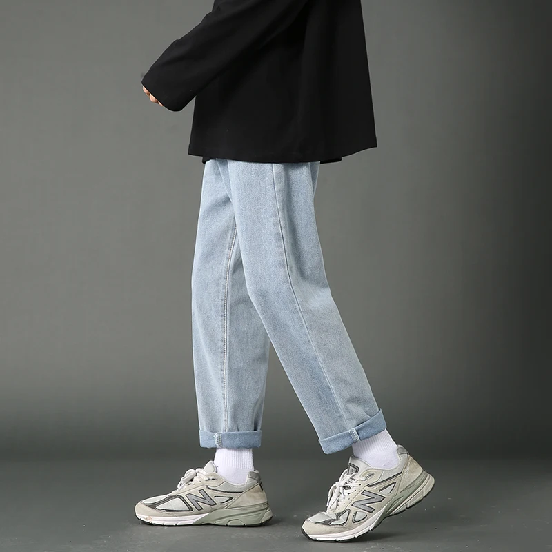 2022 Spring New Men's Denim Cropped Pants Korean Fashion Style Loose Skinny Jeans Male Light Blue Dark Grey