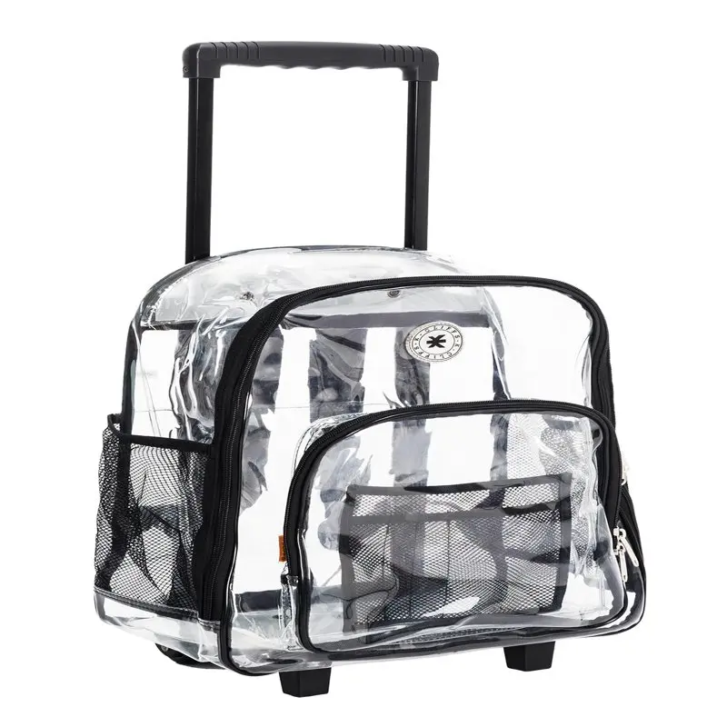 K-Cliffs Unisex Rolling Clear Backpack Heavy Duty Bookbag See-thru Daypack School Luggage with Wheels, Black