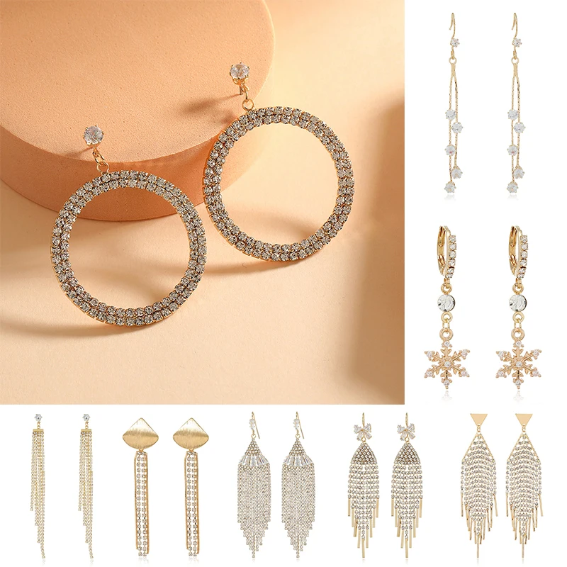 

New Fashion Jewelry Simple Set Rhinestones Metal Long Tassel Drop Earrings Banquet Party Women's Stud Earrings Girlfriend Gifts