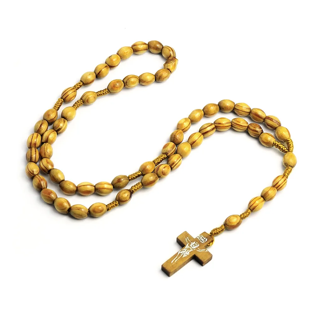 

Oval Wooden Bead Catholic Rosary Necklace Christ Crucifix Cross Pendant Necklace Men Women Religious Prayer Jewelry