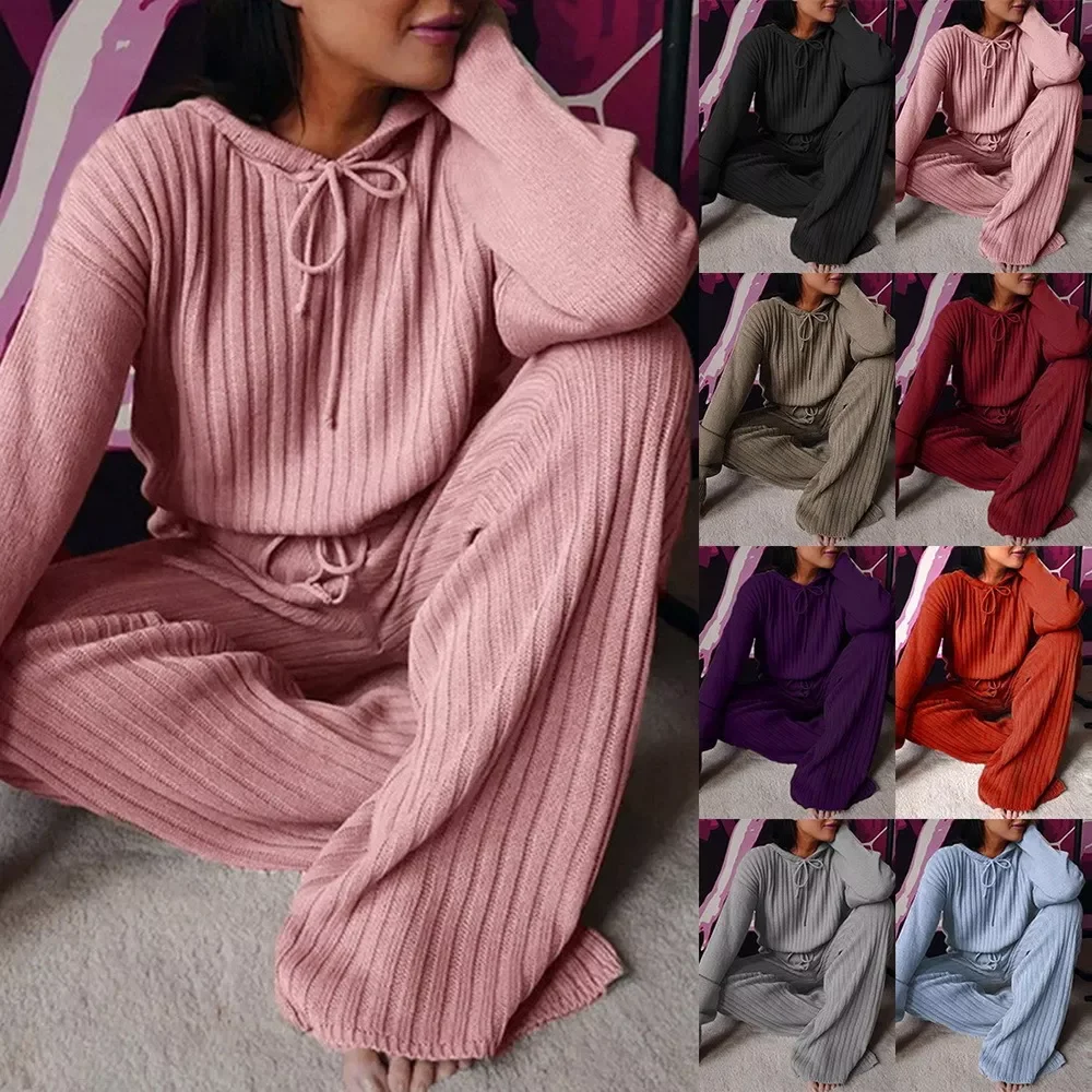 

2022 New Fashion Women Autumn Knitting 2PCS Outfits Long Sleeve Hooded Tops High Waist Wide Leg Pants Sets Casual Lounge Wear