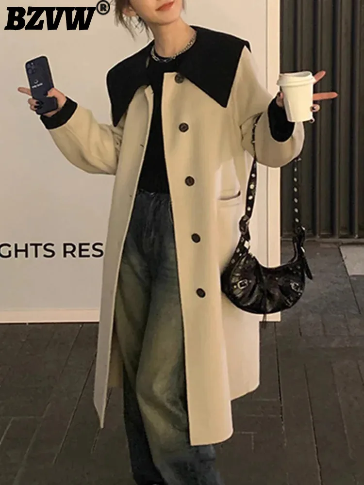 

Модное шерстяное пальто BZVW контрастных цветов с отложным воротником, женское свободное шерстяное пальто средней длины на осень и зиму 2023