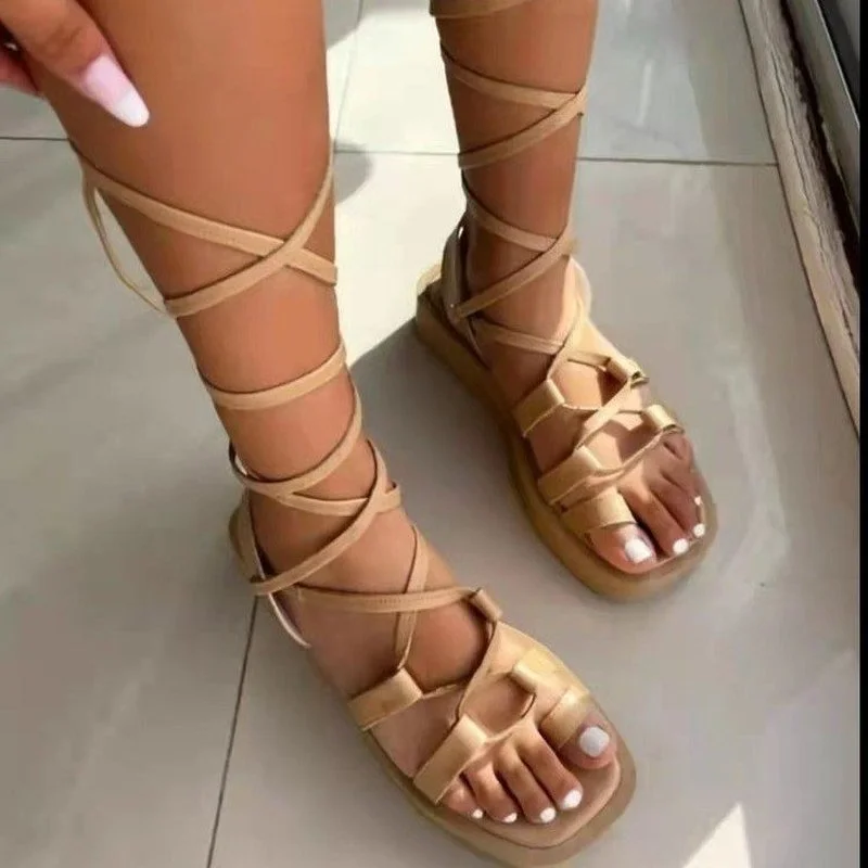 

Женские босоножки на платформе, летние сандалии-гладиаторы с ремешком на щиколотке, на плоской подошве, с перекрестной шнуровкой, повседнев...