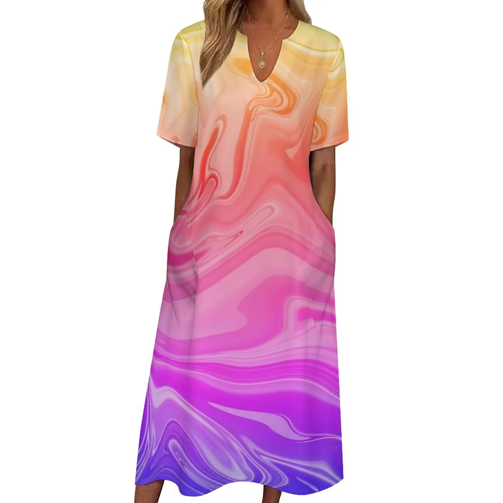 

Abstract Rainbow Dress Gradient Print Sexy Maxi Dress Aesthetic Casual Long Dresses Womens V Neck Custom Oversize Vestidos