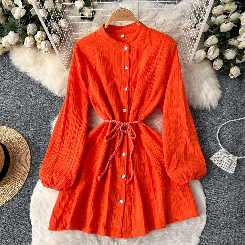 

Женское мини-платье с поясом, свободное платье в Корейском стиле с рукавами-фонариками и воротником-стойкой, весна-лето 2023