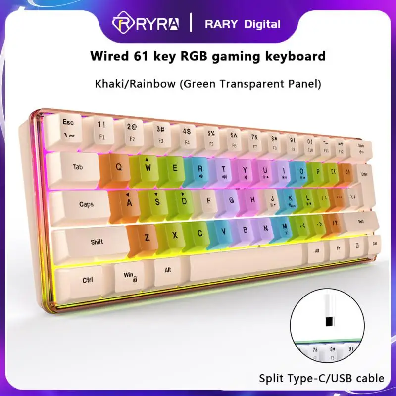 

RYRA K401 USB Type-c Gaming Keyboards Wired Keyboard Mini 61 Keys Wired Detachable Cable RGB Backlit Waterproof Gamer Keyboards