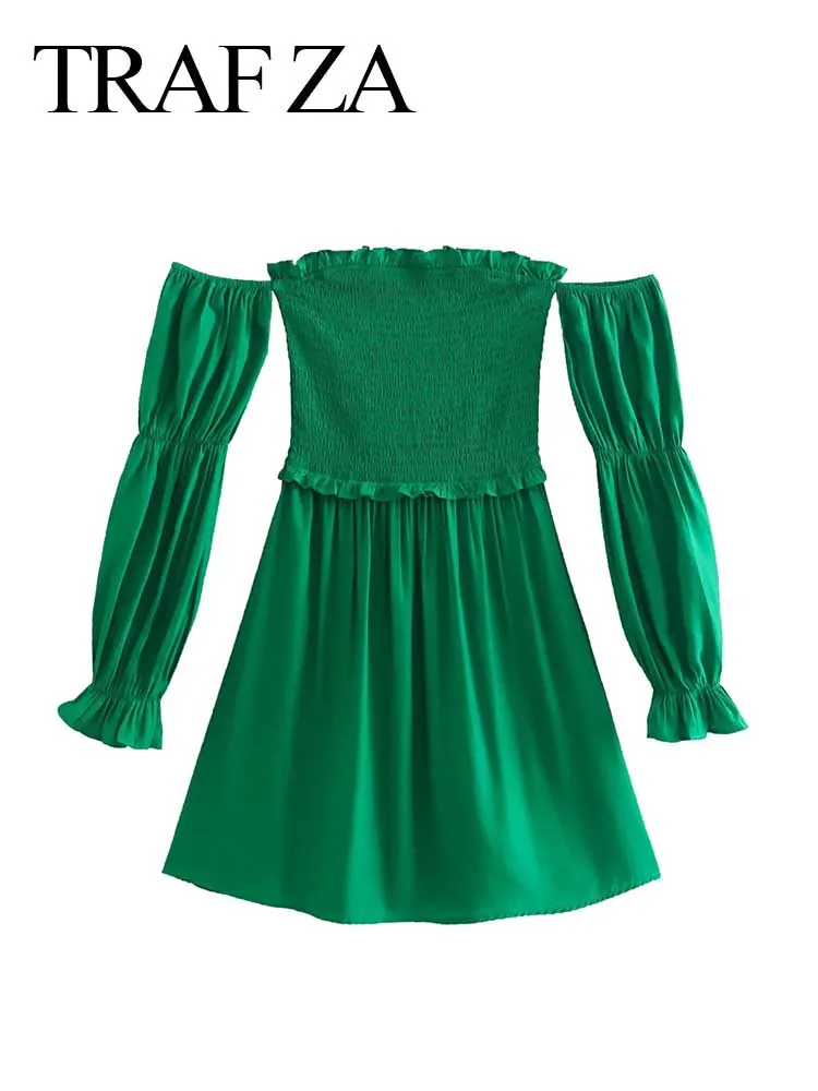 

TRAF ZA Fashion One-shoulder Dress Lantern Long-sleeved Fungus Edge Solid Color Green Elastic Slim Sexy Elegant Ladies Summer