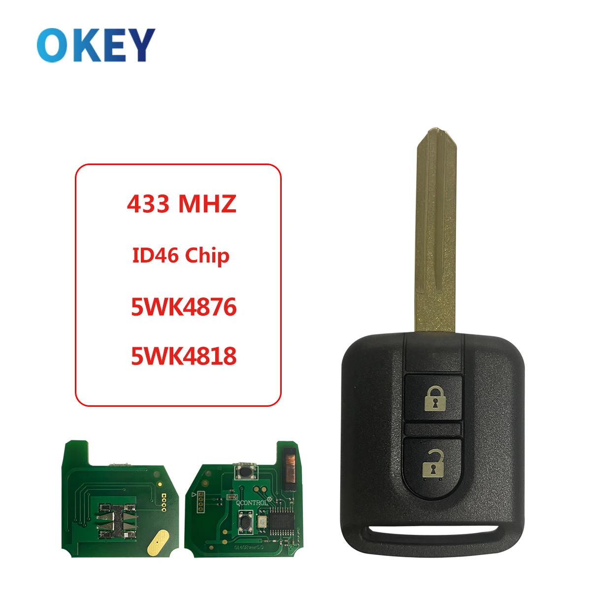 

Okey 5WK4876 5WK4818 433Mhz 2 Buttons ID46 Chip For Nissan Elgrand X-TRAIL Qashqai Navara Micra Note NV200 Remote Car Key