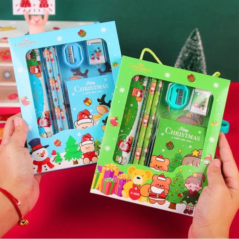 

6pcs Cute Christmas Stationery Set Pencils Eraser Note Pads Ruler Children's Writing Drawing Tools Student School Supplies