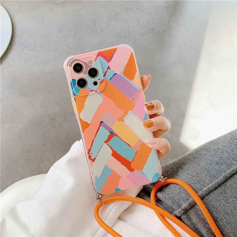 

Crossbody Lanyard Rope Phone Case For iPhone 11 12 13 Pro Max XR X XS Max 8 7 Plus SE 2020 Fundas Graffiti Silicone Back Cover