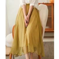 summer new chiffon lined with cotton and linen all match casual women vintage empire ankle length solid casual