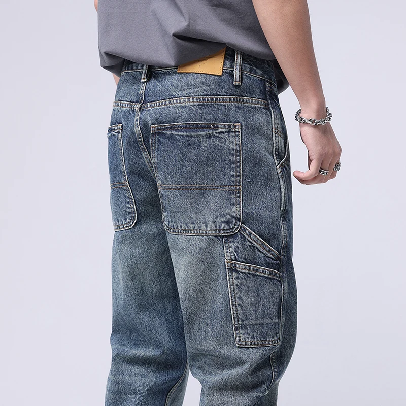 Streetwear Fashion Loose Jeans Men Retro Blue Multi Pockets Casual Denim Cargo Pants Men Overall Hip Hop Jeans Wide Leg Trousers