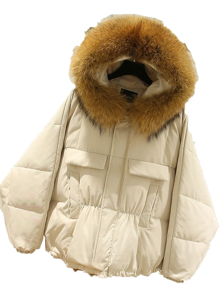 

Winter Women Jacket White Duck Down Coat Large Real Raccoon Fur Hooded Down Parka Thick Warm Jacket Outwear