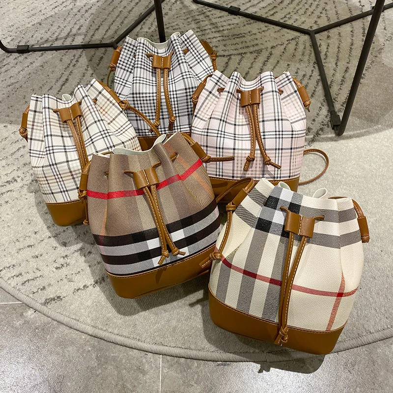 

PU Leather Bucket Bag Vintage Plaid Bag Women's Large Capacity Shopping Bag Classic Everyday Messenger Bag