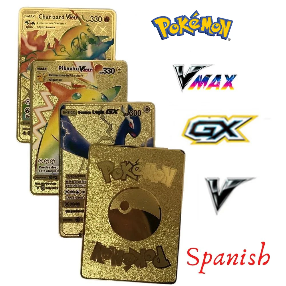 

2022 New Anime Pokemon Pikachu Spanish Collection Card Metal Charizard V GX VMAX Anime Peripheral Children Christmas Gift Toys
