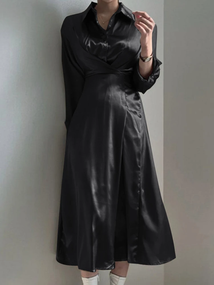 

Celmia Elegant Long Sleeve Shirt Dress Women 2023 Fashion Satin Belted Midi Dresses Casual Solid Lapel Party Vestidos Work Dress