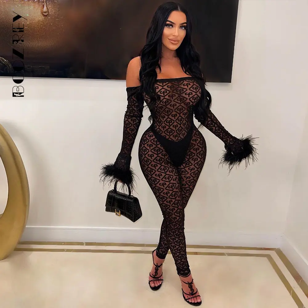 

BoozRey 2023 New Feather See Through Mesh Black Jumpsuit Sexy Off Shoulder Long Sleeve Bodycon One Piece Night Club Outfits
