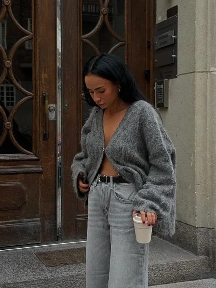 Женский мохеровый кардиган элегантный серый однобортный Кардиган оверсайз с