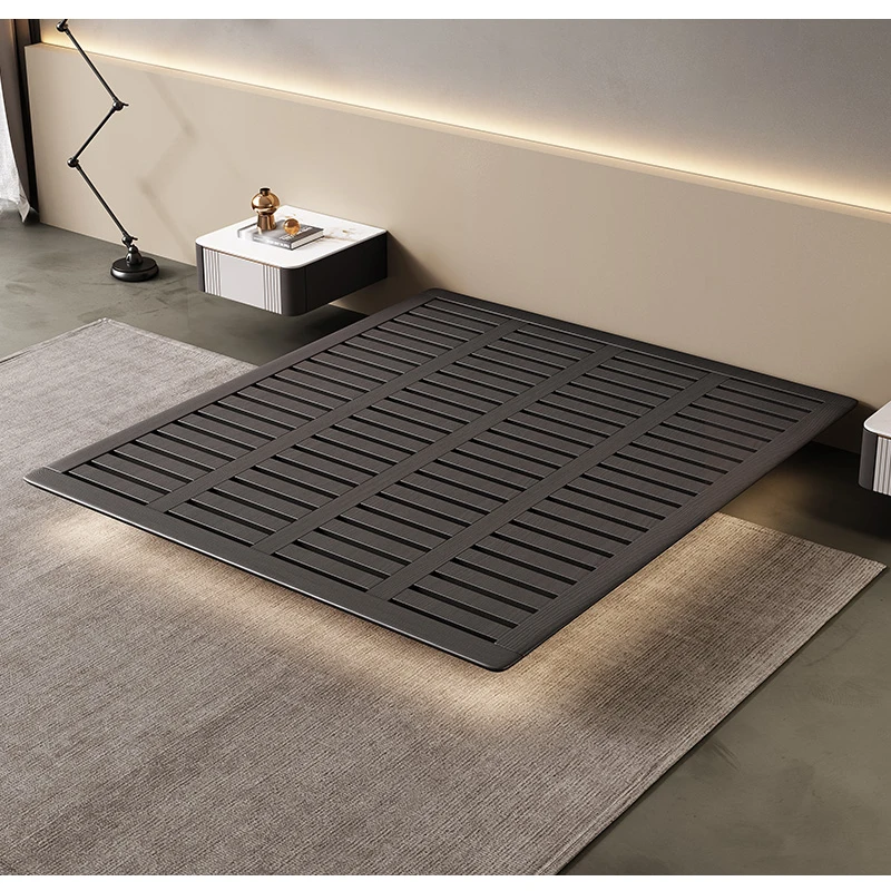

Ash floating bed Italian minimalist luxury silent wind master bedroom big bed modern induction lamp solid bed without head.