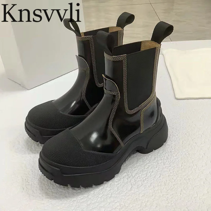 

New Platform Short Boots Women Patent Leather Splicing Motorcycle Boots Height Increasing Ankle Boots Thick Sole Boots Woman