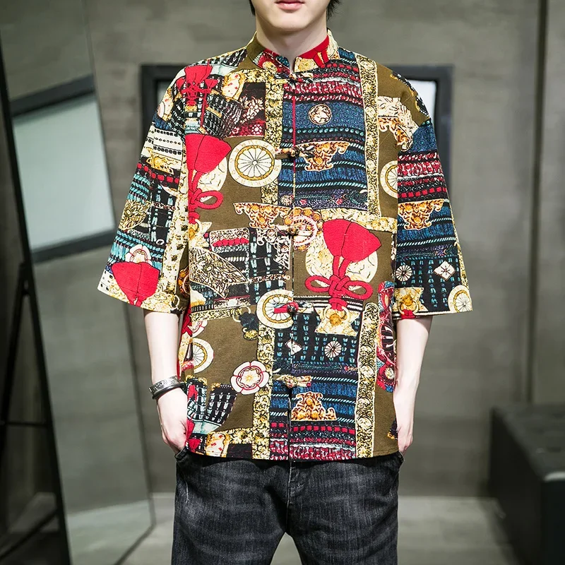 Летний топ с вышивкой и принтом Мужские Винтажные льняные рубашки в традиционном