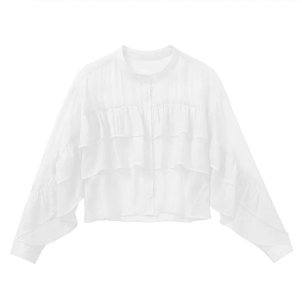 

Women's 2022 Summer New Fashion Versatile Solid Color Layered Ruffle Shirt Casual Long Sleeve Single Breasted Chic Top Blouse