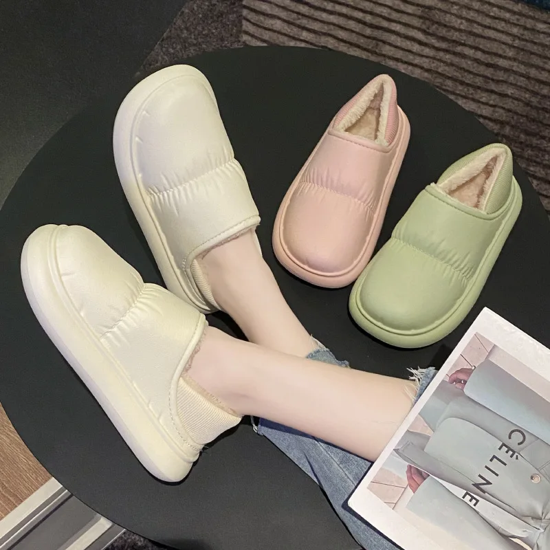 Winter Cotton Slippers Women Warm Plush Shoes Fashion Indoor Home Thick Sole Footwear Non-Slip Solid Waterproof Couple Slippers