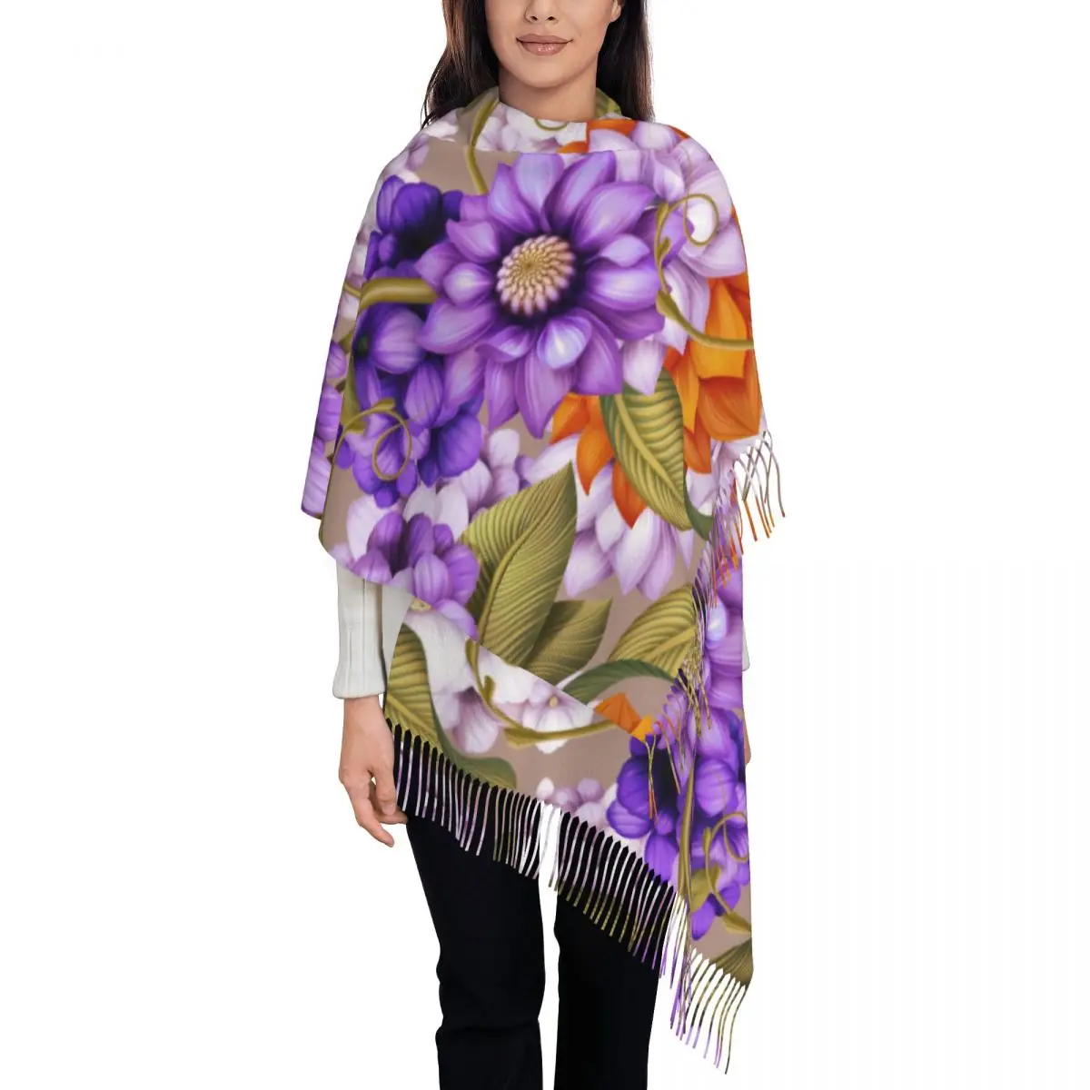 

Женский зимний шарф с цветочным узором, тонкая теплая накидка, Женская бандана из пашмины, Длинная кисточка для женщин