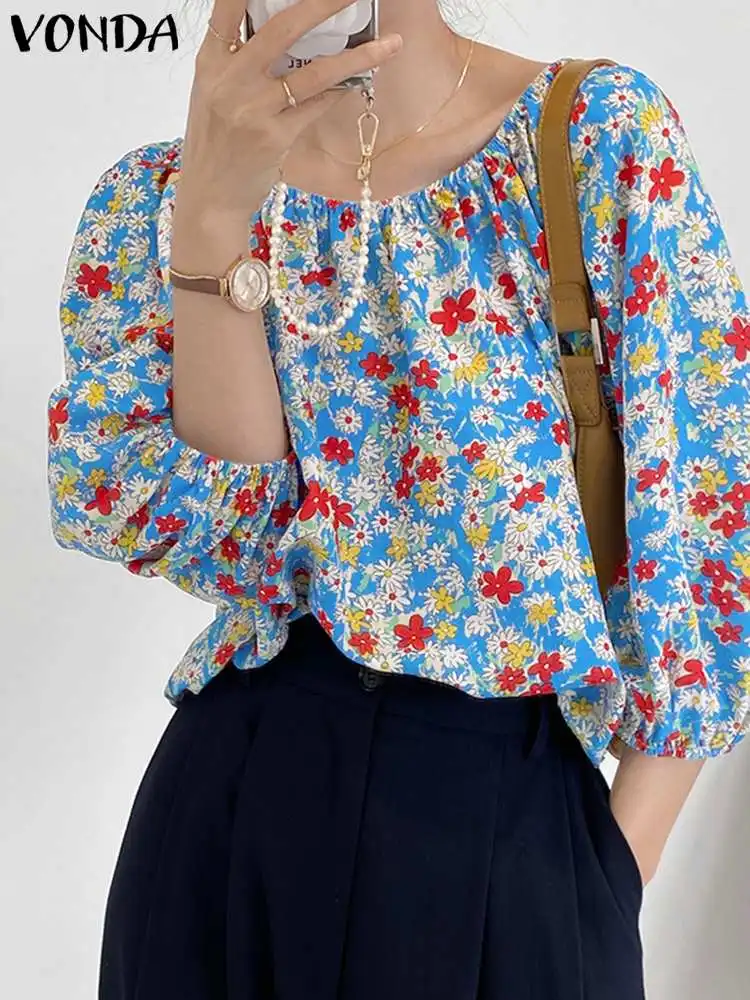

VONDA 2022 Y2K Women Long Sleeve Street Blusa One Word Collar Chemise Tops Shirts Female Summer Casual Printed Blouse Oversized