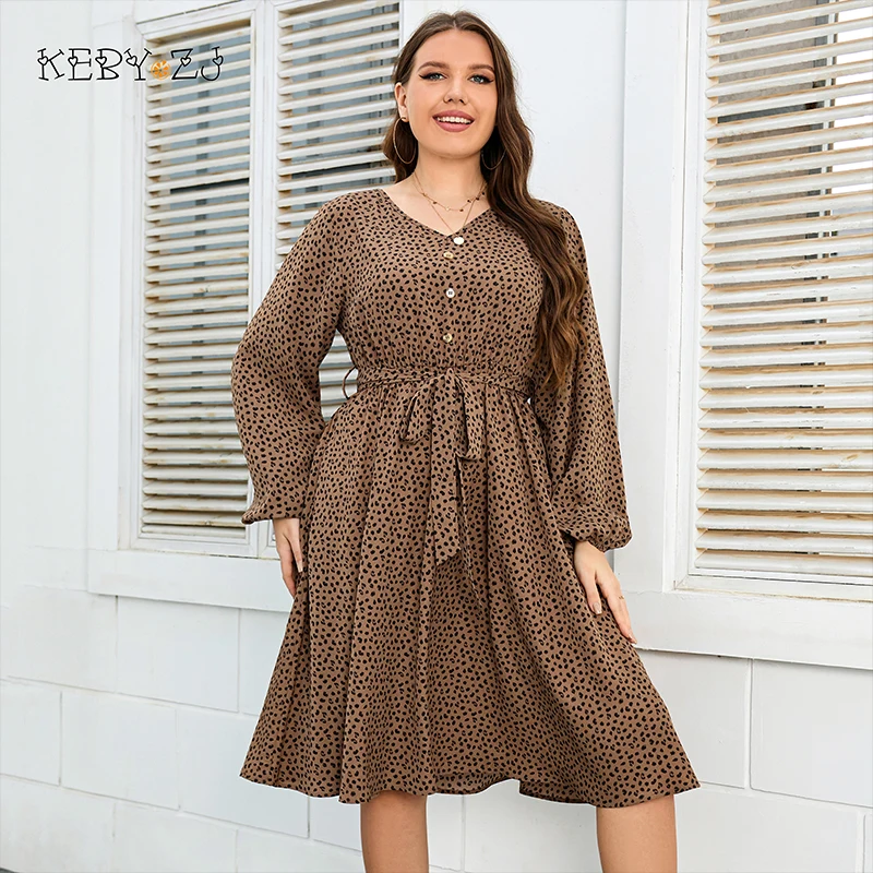 

KEBY ZJ Plus Size Spots Print Lantern Sleeve Midi Dresses For Women 2022 Spring Fall V Neck Button Casual A-line Belted Dress