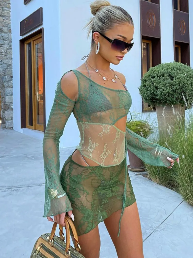 

JULISSA MO One Shoulder See Through Sexy Mini Dress Women Fashion Hollow Out Bandage Long Sleeve Dress Clubwear Party Vestido