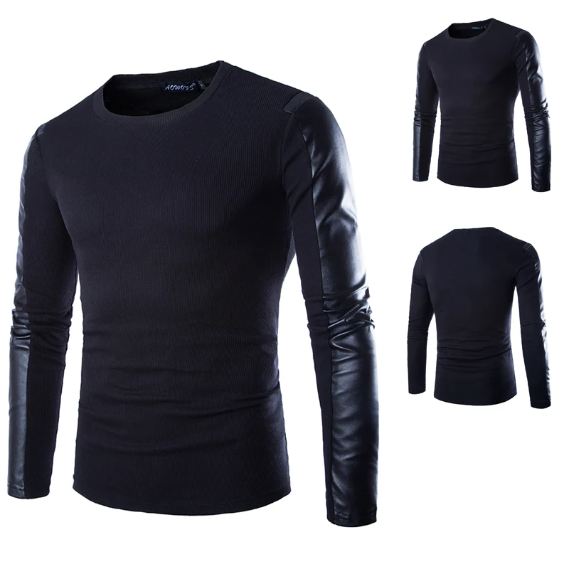 

Hot Men's Clothing 2022 Fashion Leather Patchwork Mens T-shirts Cotton Sports Man Causal T Shirt Tees