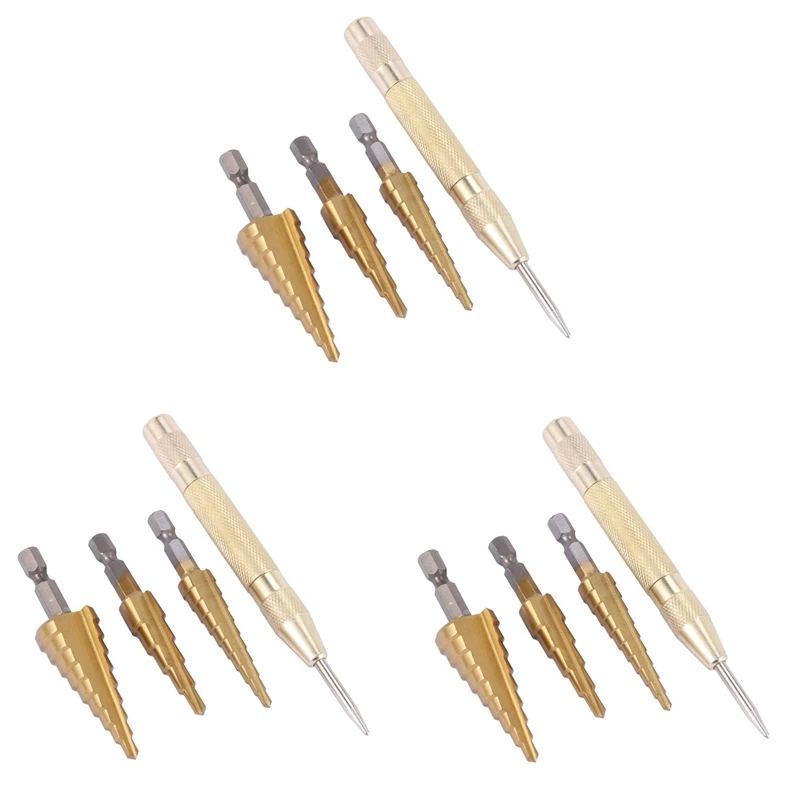

Hot 9 Pcs HSS Titanium Step Drill Bit Set & 3 Pcs Automatic Center Punch