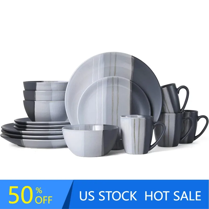 

Серый керамический набор посуды Parker из 16 предметов, Обеденный набор, Тарелки и блюда