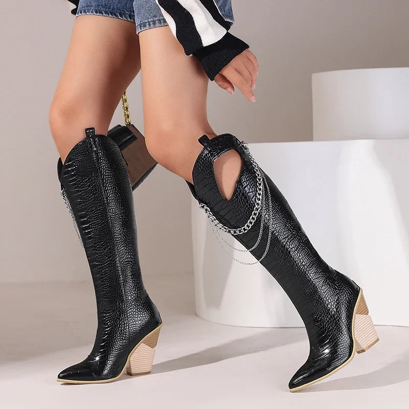 Женские ботинки до колена осенне-зимние полусапожки из искусственной кожи с
