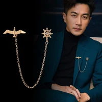 korean metal little bird brooch rhinestone anchor collar pin tassel chain lapel pins suit shirt jewelry for men accessories