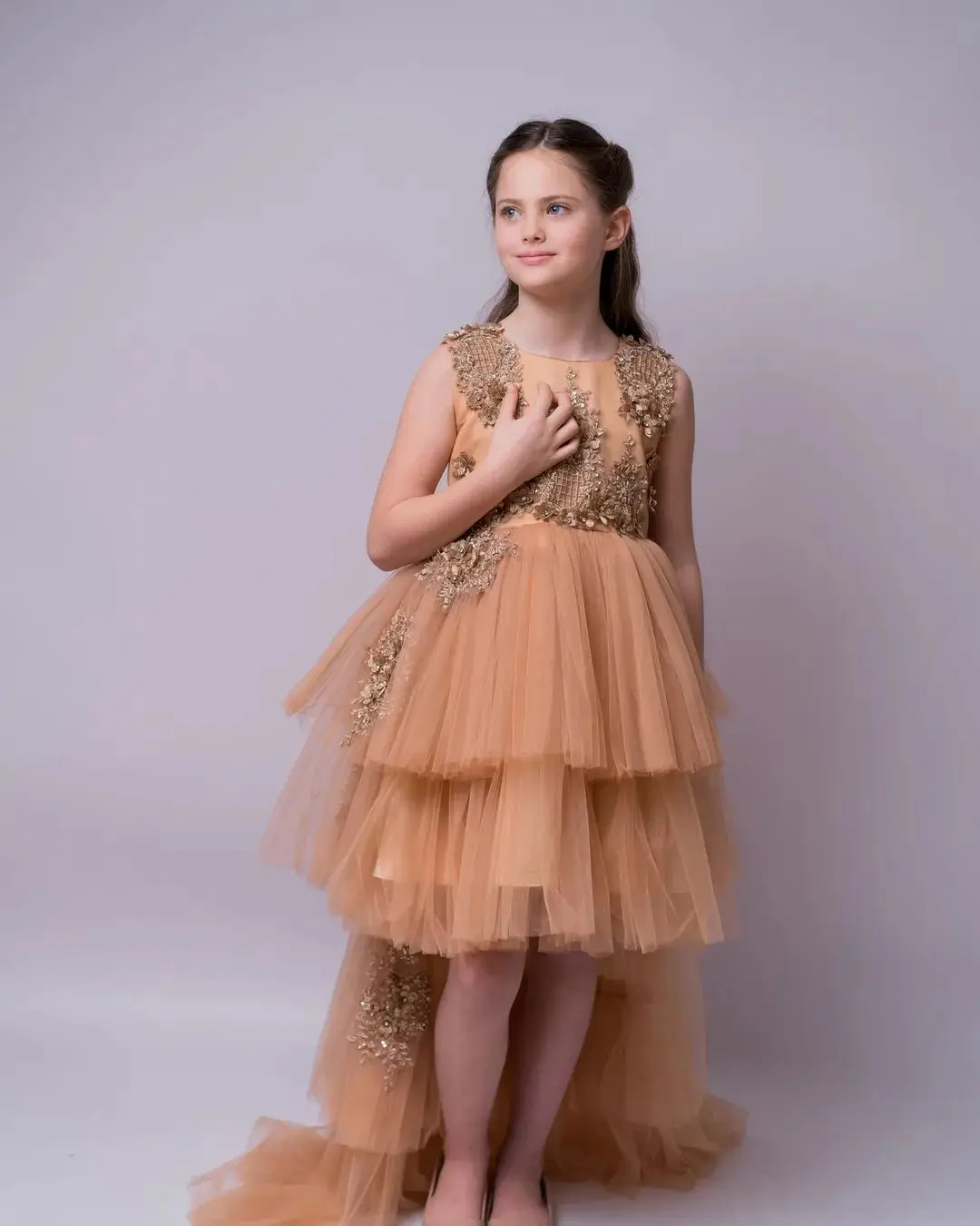 

Champagne Hi Lo Flower Girl Dresses for Photo Shoot Appliqued Kids Birthday Party Gowns Children Ruffles Wedding Guest Dresses