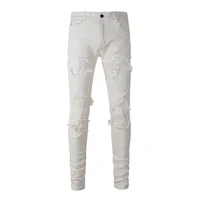 New Arrival Mens Beige Distressed Streetwear Fashion Slim Fit Stretch Damaged Holes With Bandana Rib Patches Ripped Skinny Jeans