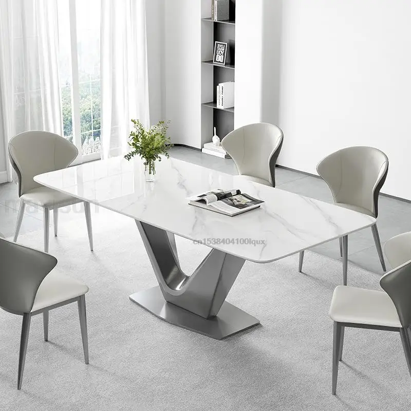 

Italian Designer Dining Table Modern Home Decor V-shape Base Stainless Steel Rectangle Stylish Silver Kitchen Table And Chairs