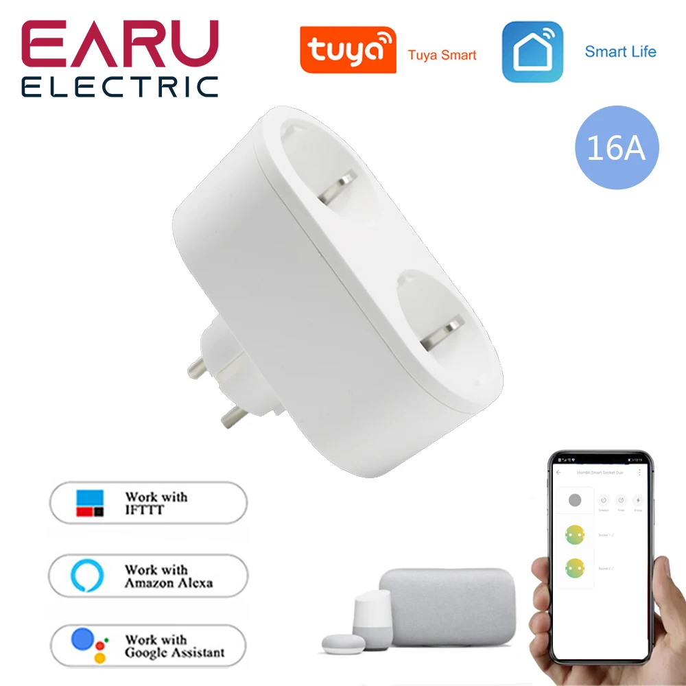 2 In 1 TUYA 16A EU Smart Wifi Power Plug Energy Monitor Timer House Wireless Dual Socket Outlet Alexa Google Home |