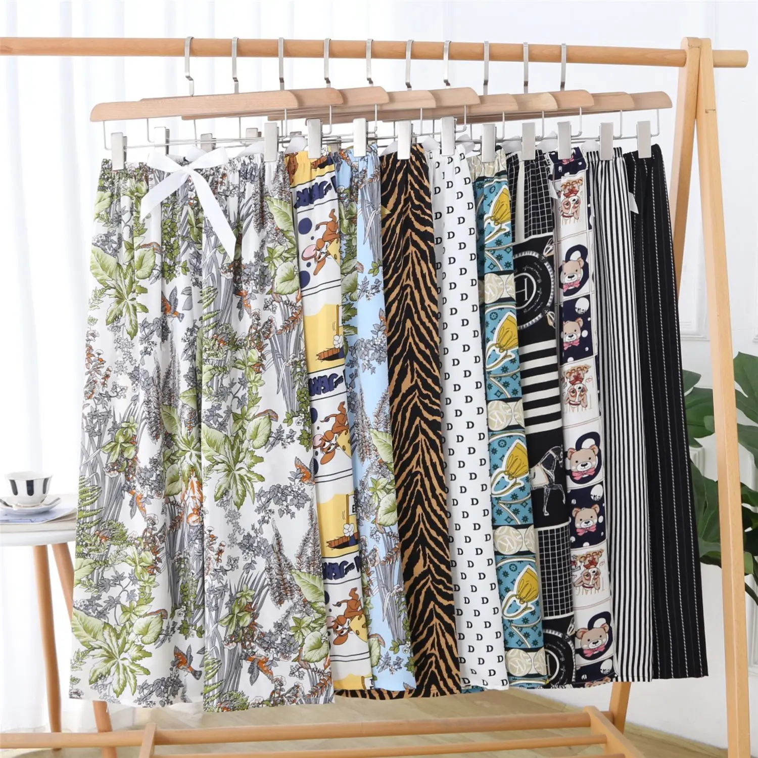 

Houndstooth Nightwear Tin Elastic Waist Sleepwear Home Pajamas Printed Flower Sleep Bottoms Pant Cotton Wide Leg Trousers