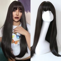 sivir synthetic wigs for women long silky straight hair with bangs brown black color heat resistant dailypartycosplay